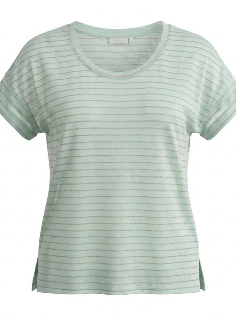 Chico’s Blue Striped Sweater-Trim Linen Short Sleeve Tee Size XL